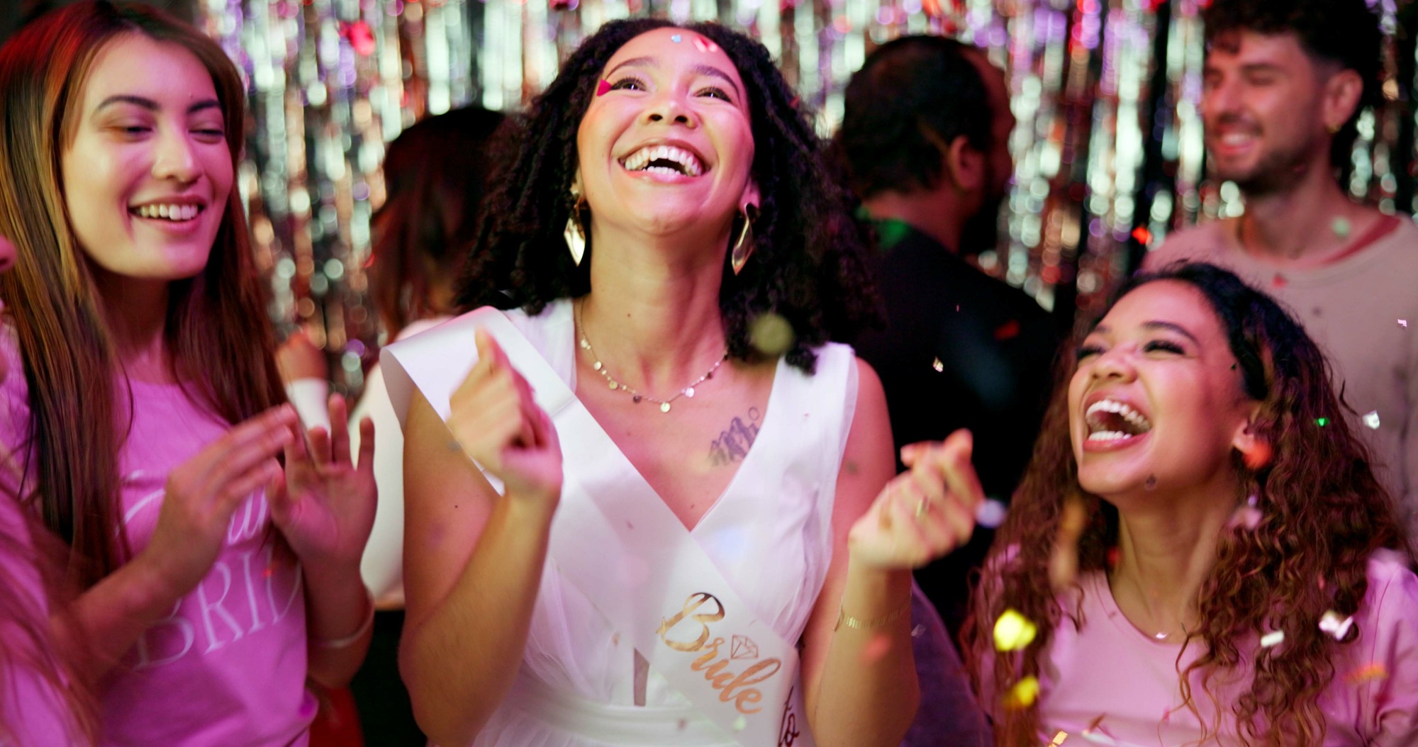Bachelorette party, celebration and confetti with women at club for bride to be, wedding and night.