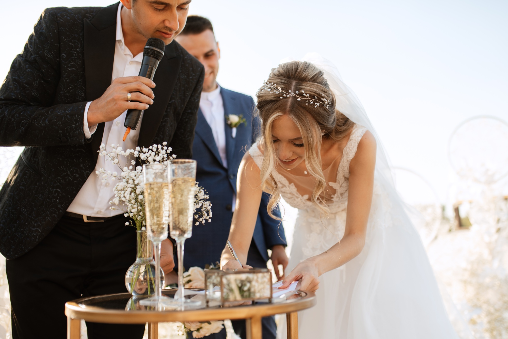 wedding ceremony of the newlyweds on the pier