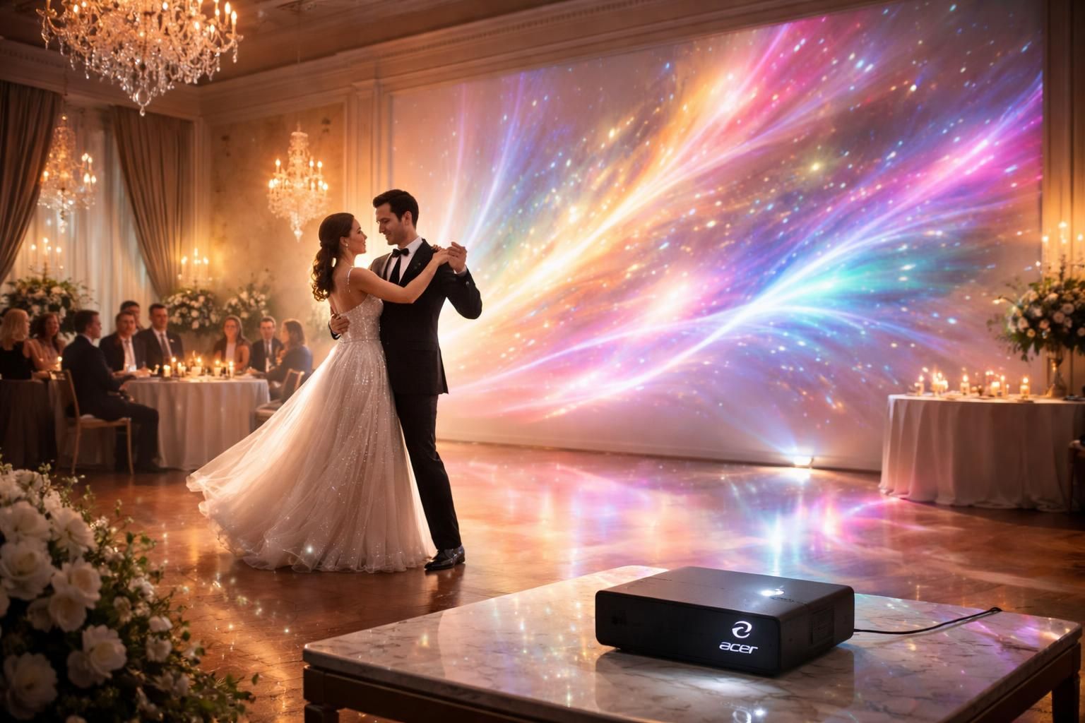 découvrez comment sublimer votre ouverture de bal avec des effets visuels impressionnants projetés au mur grâce au mini vidéoprojecteur acer, pour une ambiance magique et inoubliable.