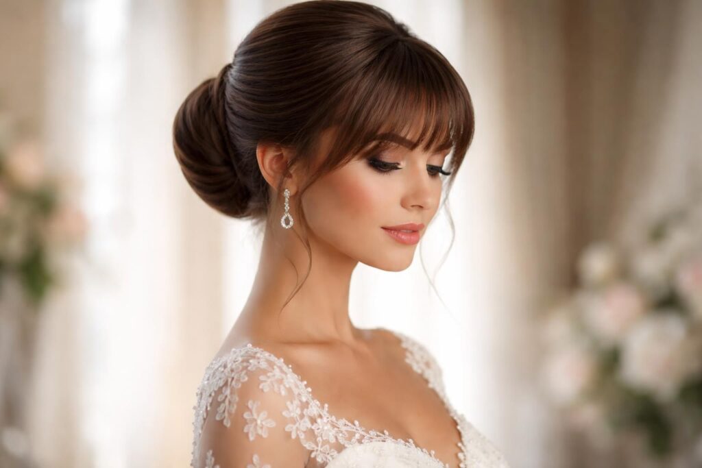 Inspiration de coiffure de mariage : chignon avec frange, le choix parfait pour les mariées Inspiration de coiffure de mariage : chignon avec frange, le choix parfait pour les mariées