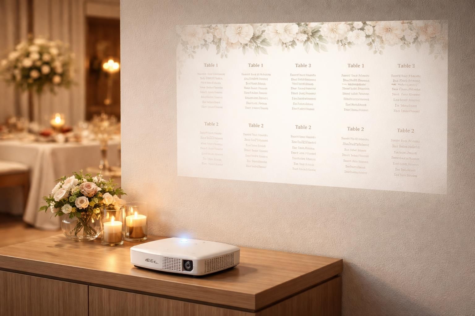découvrez comment projeter votre plan de table de mariage sur un mur grâce au mini vidéoprojecteur acer, pour une organisation élégante et moderne de votre réception.