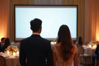 Couple de mariés ému devant un diaporama mariage projeté lors de la soirée de réception