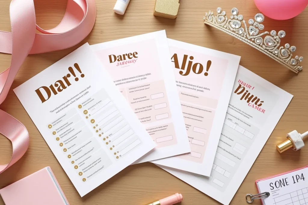 Flat-lay de cartes de jeu EVJF à imprimer avec accessoires de soirée fête mixte sur table en bois