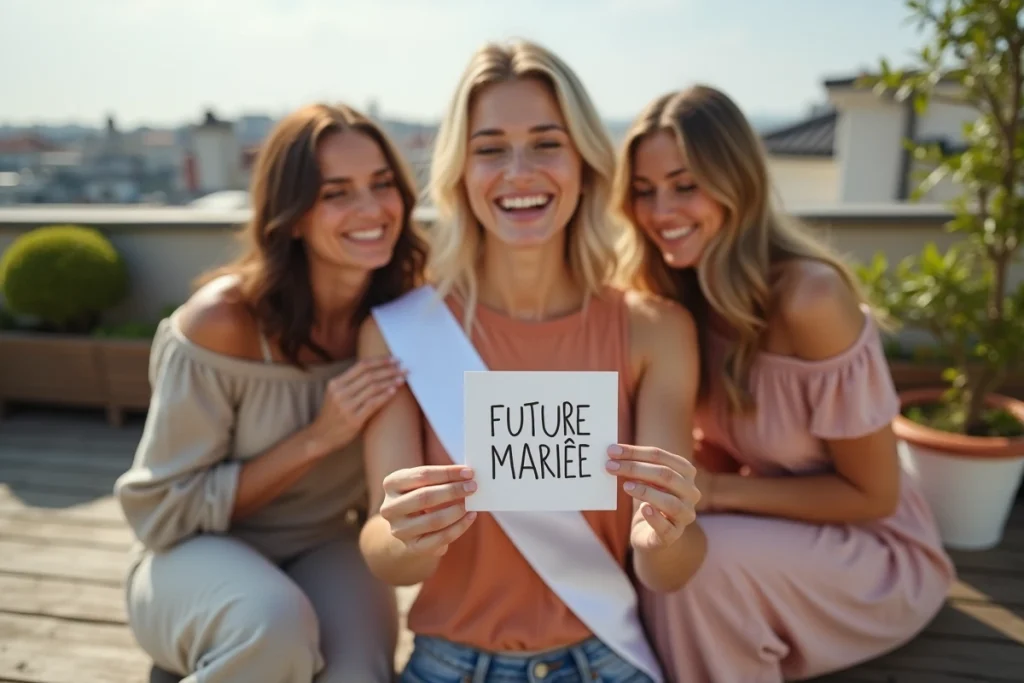 Future mariée tenant une carte de défi EVJF entourée d'amis mixtes sur une terrasse ensoleillée