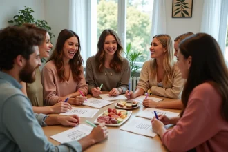 Groupe mixte d'amis jouant à un jeu EVJF à imprimer autour d'une table avec des cartes de défis colorées