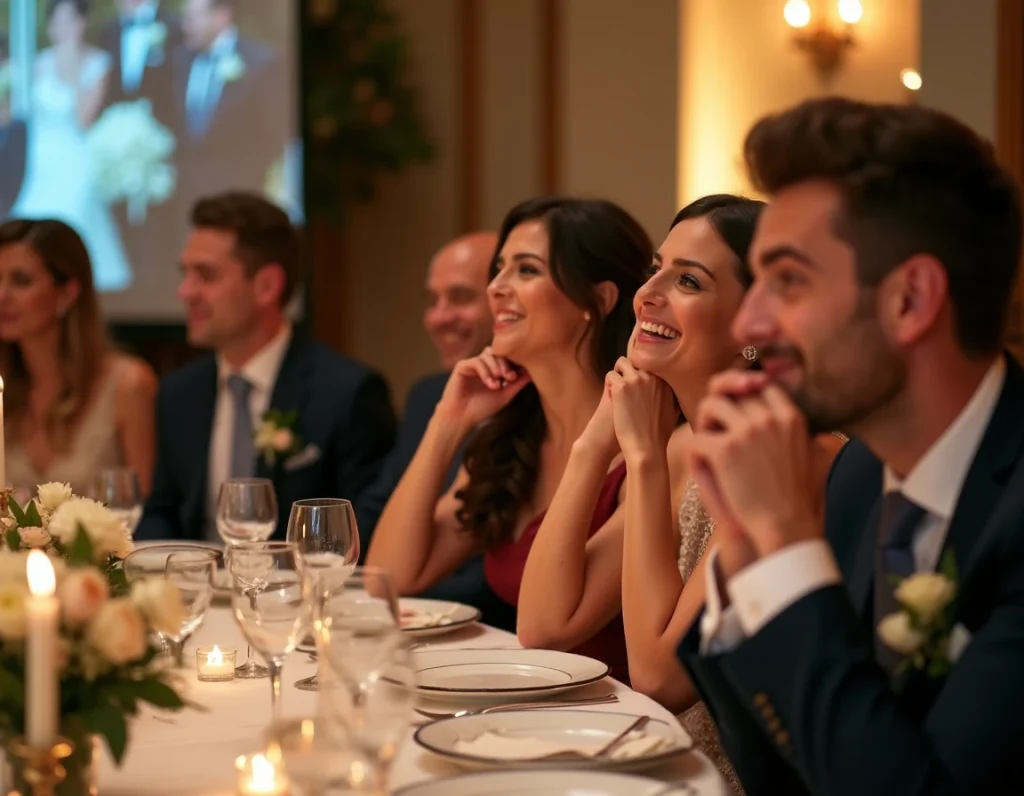 Invités de mariage émus et souriants devant le diaporama photos diffusé pendant la soirée
