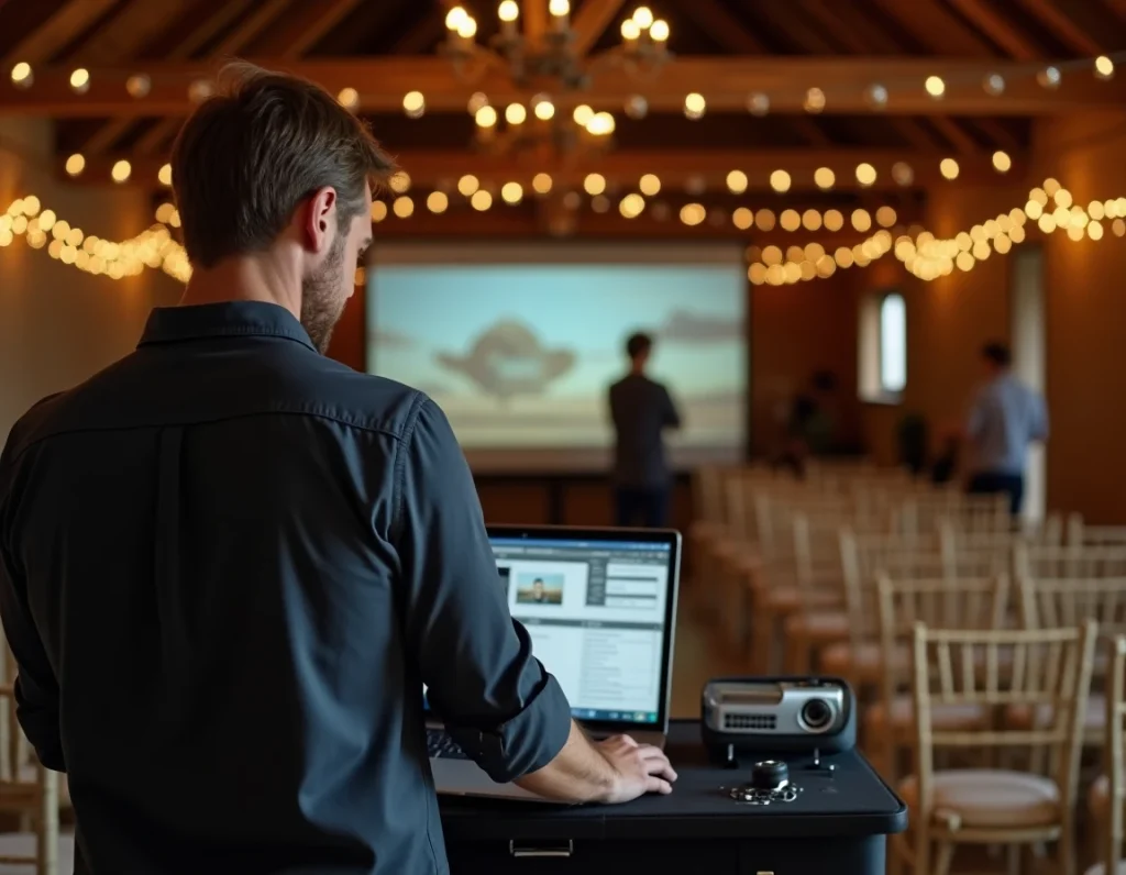 Vidéaste de mariage préparant la musique du diaporama dans une salle de réception rustique