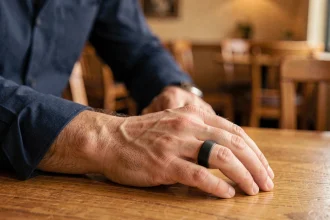 Bague de PACS pour homme en titane noir mat portée sur une main masculine posée sur une table en bois dans un café