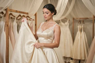 Jeune mariée en robe de mariée ivoire en satin dans une boutique de mariage, examinant les détails en dentelle de sa tenue