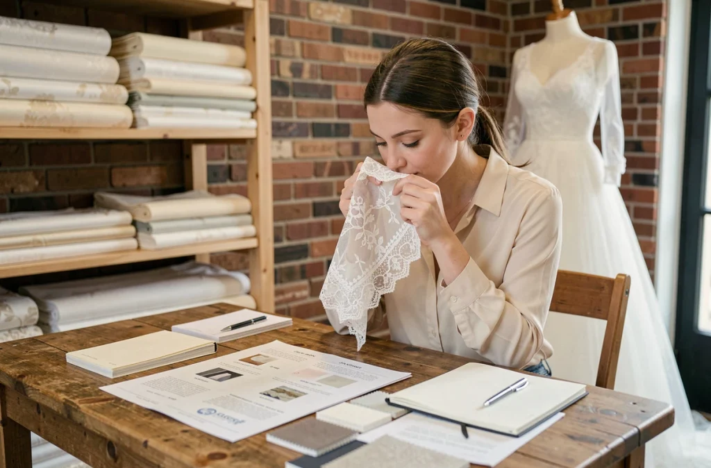 Future mariée comparant des échantillons de tissus et tarifs pour une robe de mariée sur mesure abordable