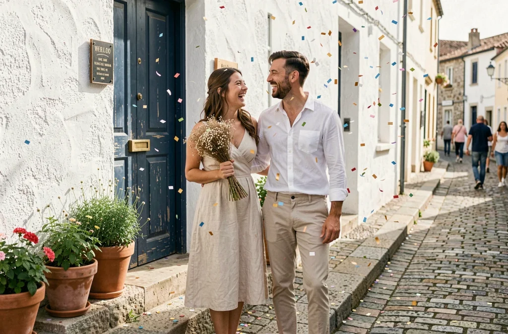 Couple de jeunes mariés célébrant leur mariage civil devant une mairie européenne en bord de mer avec des confettis