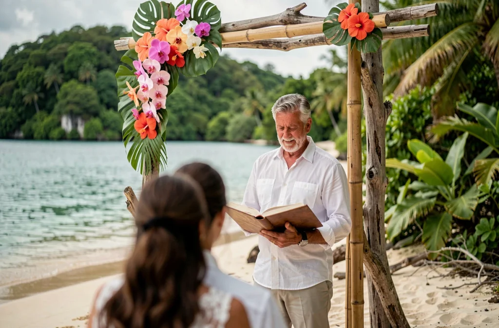 Officiant de mariage tenant un registre devant un arche de fleurs tropicales lors d'une cérémonie de mariage sur une plage exotique