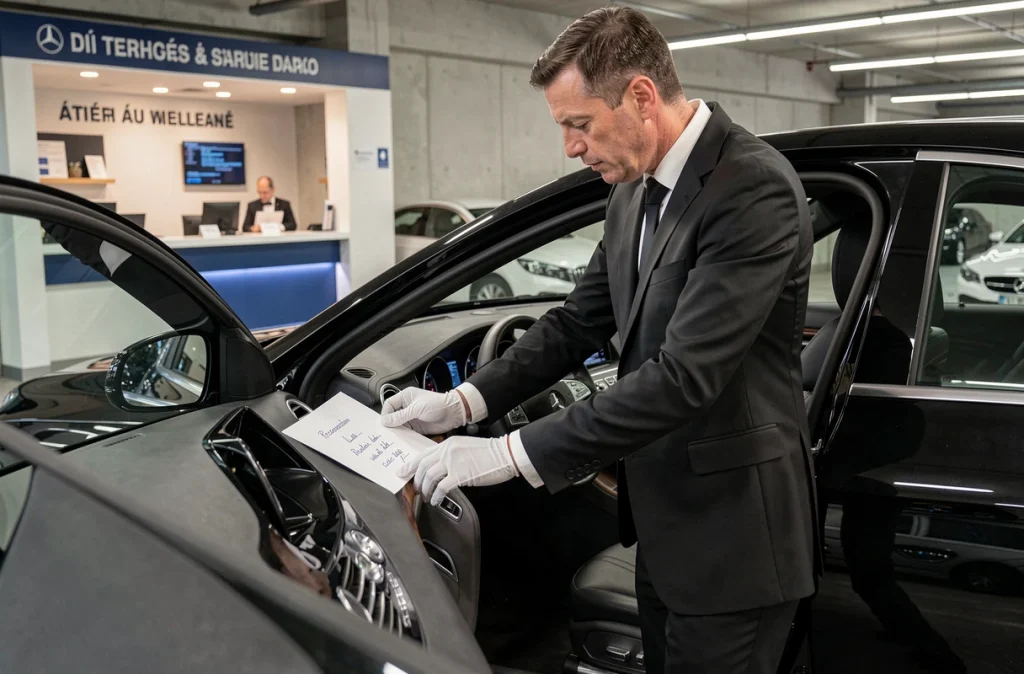 Chauffeur en costume noir préparant une voiture de mariage réservée dans une agence de location à Toulouse