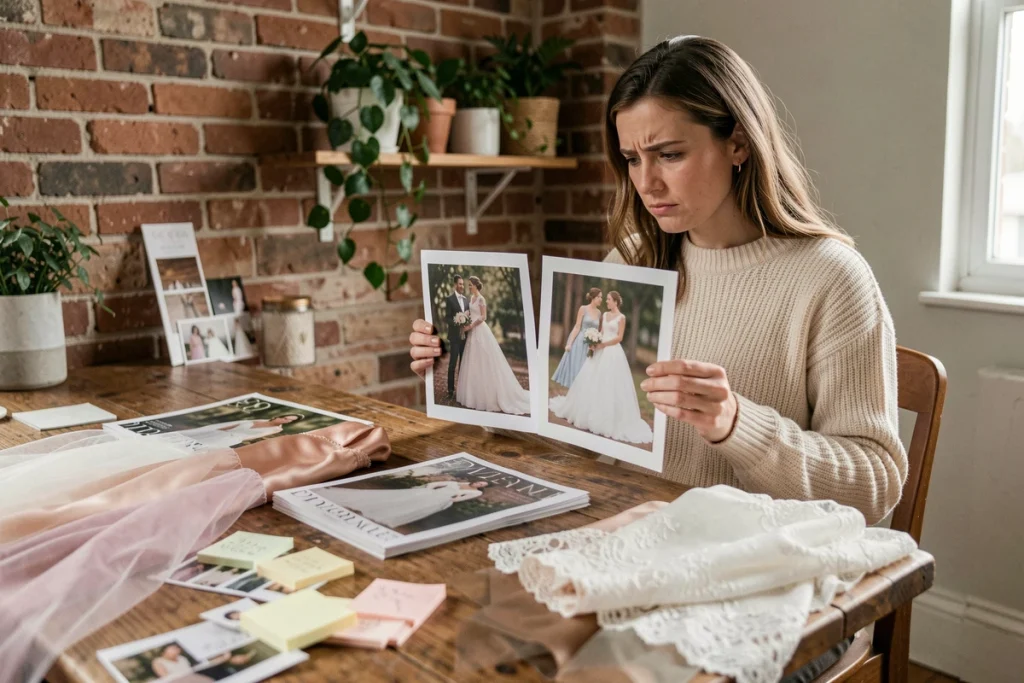 Femme comparant des photos de robes de mariée entourée de magazines et d'échantillons de tissus pour choisir son style