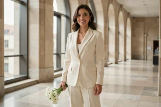 Femme en combinaison ivoire élégante pour un mariage civil moderne dans un couloir en marbre