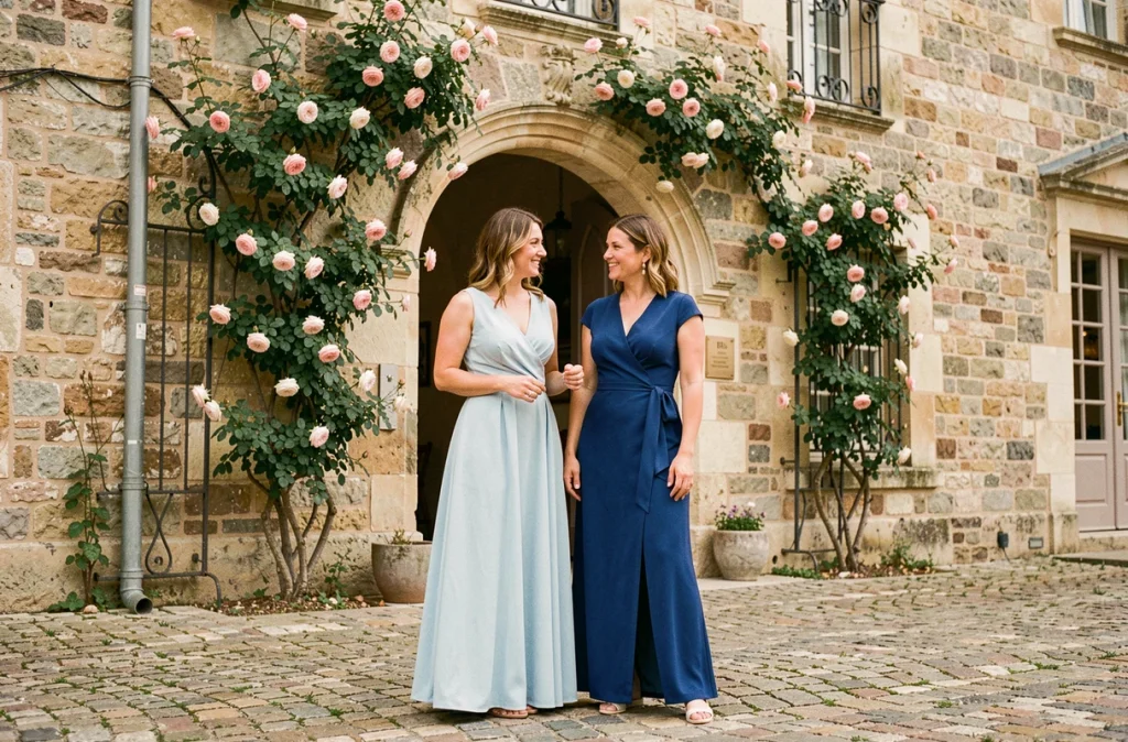 Comparaison robe bleu pastel et robe bleu roi portées par deux femmes devant un château de mariage