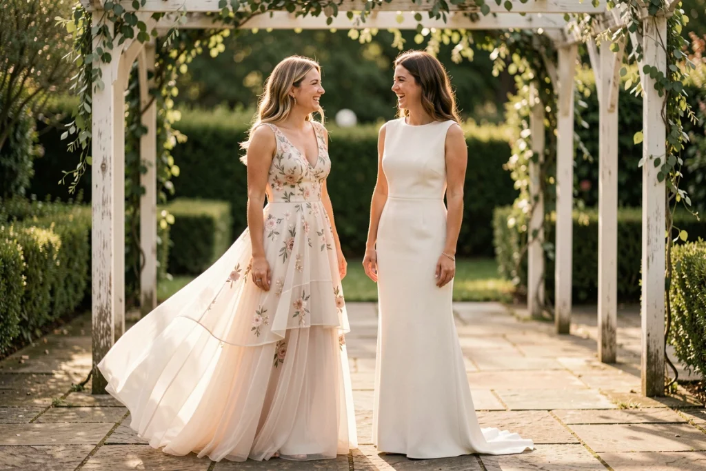 Deux femmes comparant une robe de mariée bohème en mousseline et une robe minimaliste moderne dans un jardin lors d'essayages