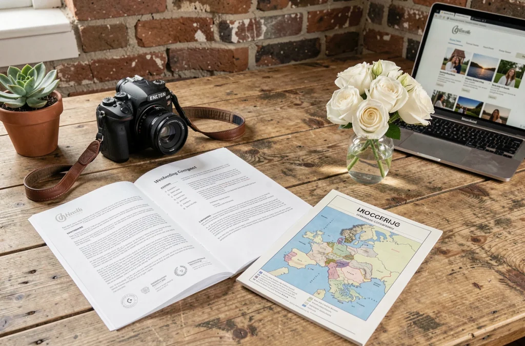 Contrat et brochure tarifaire d'un photographe de mariage posés sur un bureau avec une carte des régions françaises