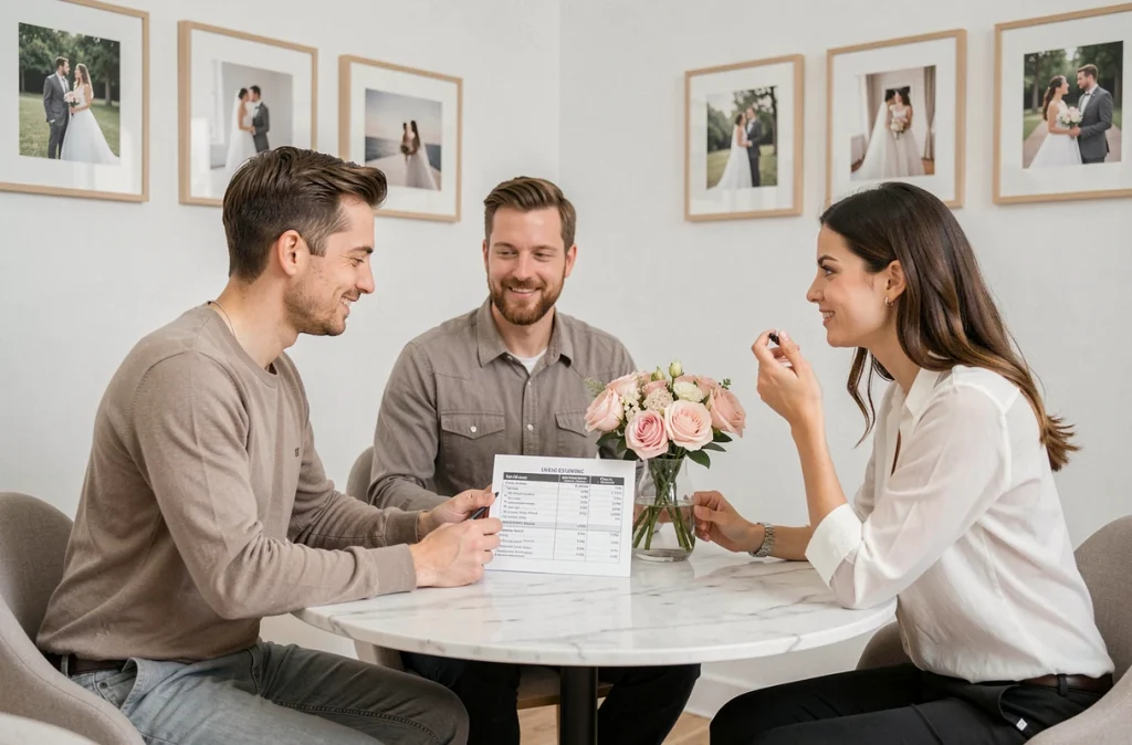 Couple en consultation avec une wedding planner comparant les options de forfait et de commission en pourcentage