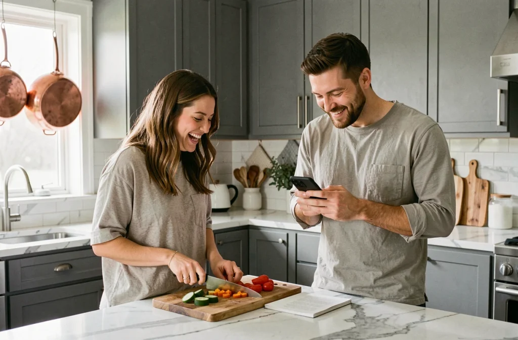 Un couple complice préparant un repas ensemble dans une cuisine moderne, illustrant le partage et l'égalité dans la relation