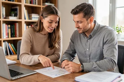 Couple consultant des documents administratifs pour préparer un mariage à l'étranger