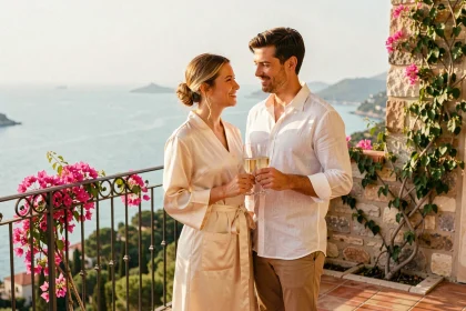 Couple de jeunes mariés sur un balcon d'hôtel romantique avec vue sur la mer Méditerranée