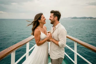 Couple de jeunes mariés souriant à la proue d'un bateau de croisière avec l'océan en arrière-plan pour un voyage de noces original