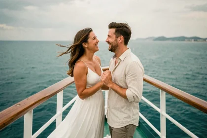Couple de jeunes mariés souriant à la proue d'un bateau de croisière avec l'océan en arrière-plan pour un voyage de noces original