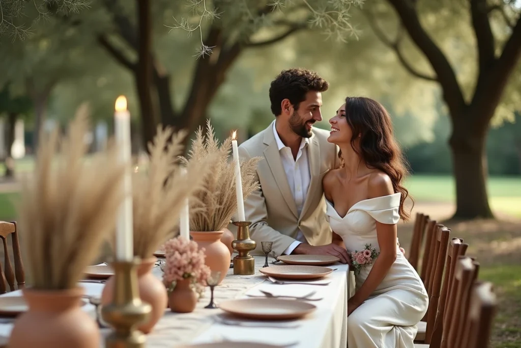 Couple de mariés riant à une longue table de réception sous des platanes dans un domaine provençal du Var avec une décoration de mariage de luxe en lin et céramique