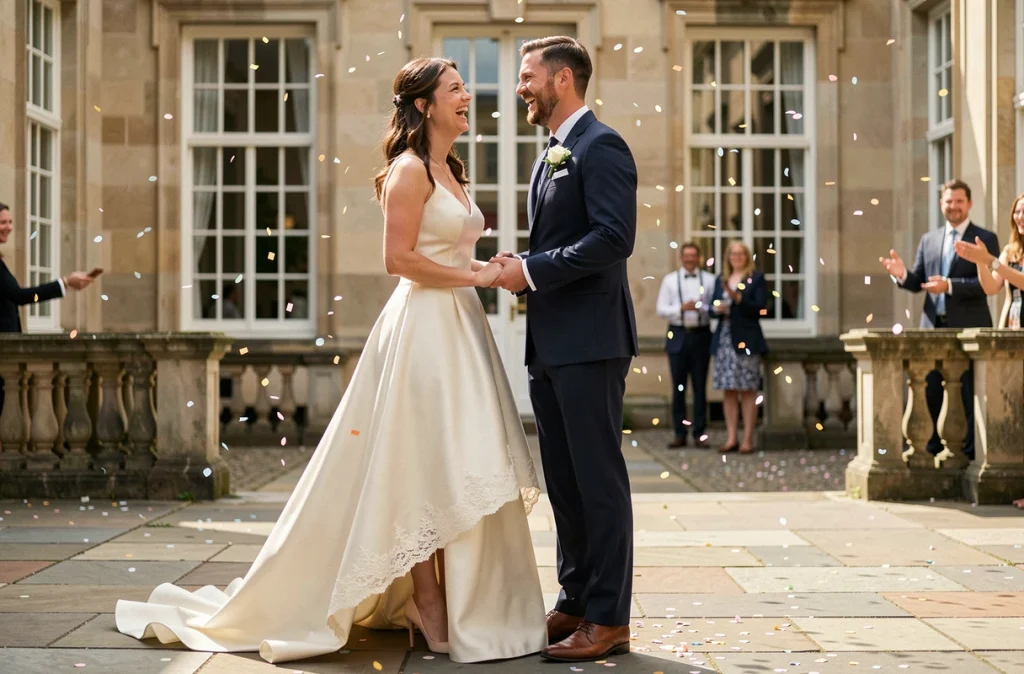 Couple de mariés sortant d'une mairie avec la mariée en robe courte devant longue derrière et les invités lançant des confettis