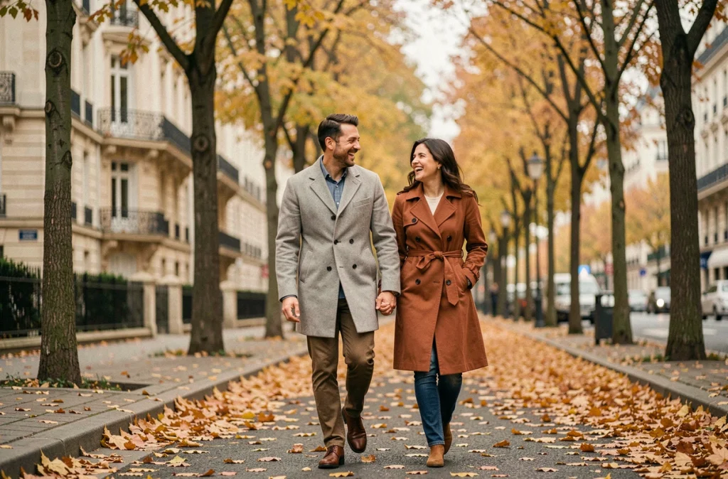 Couple heureux se promenant en automne dans une rue parisienne, illustrant la vie amoureuse et la complicité en couple