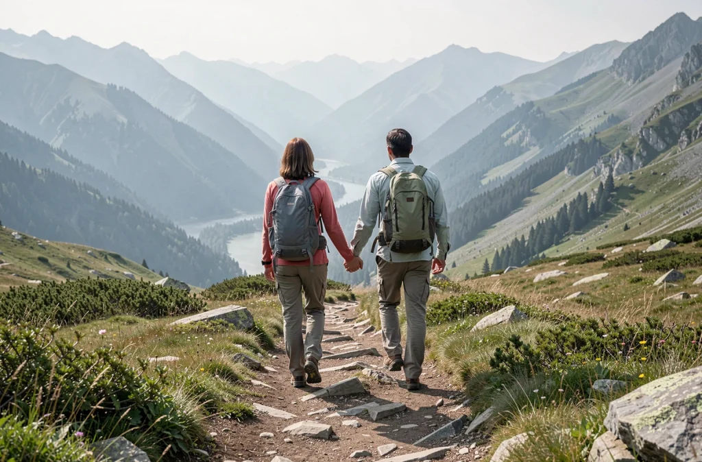 Couple main dans la main sur un sentier de montagne, symbole de liberté et d'aventure partagée en plein air