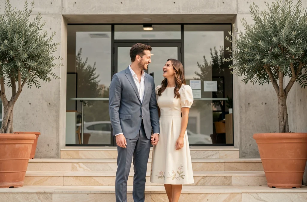 Couple élégant en tenue de mariage civil contemporaine devant une mairie moderne avec façade en verre