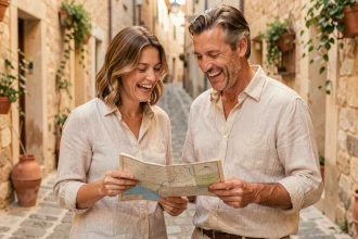 Couple de voyageurs complices consultant une carte dans un village méditerranéen ensoleillé, ambiance liberté et évasion