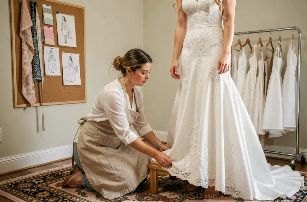 Couturière épinglant l'ourlet d'une robe de mariée sur mesure dans un atelier de couture à domicile