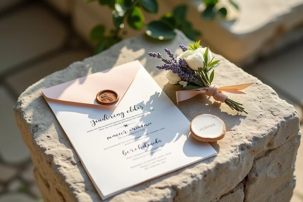 Détail papeterie de mariage de luxe sur pierre provençale incluant faire-part calligraphié, boutonnière de lavande et cachet de cire pour un mariage dans le Var