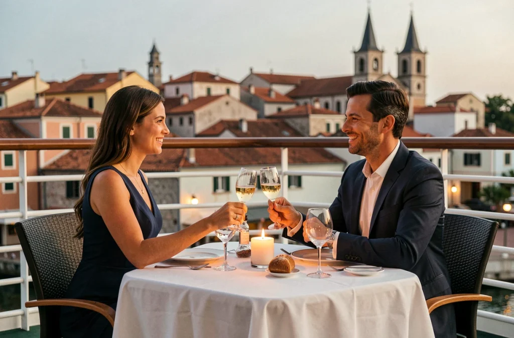 Couple de mariés en tenue élégante dînant en tête-à-tête sur le pont d'un navire de croisière de luxe avec vue sur un port méditerranéen