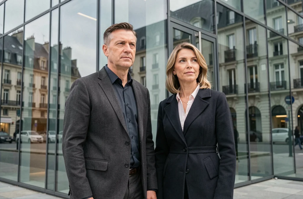 Deux journalistes homme et femme devant la façade d'un bâtiment médiatique parisien en tenue professionnelle
