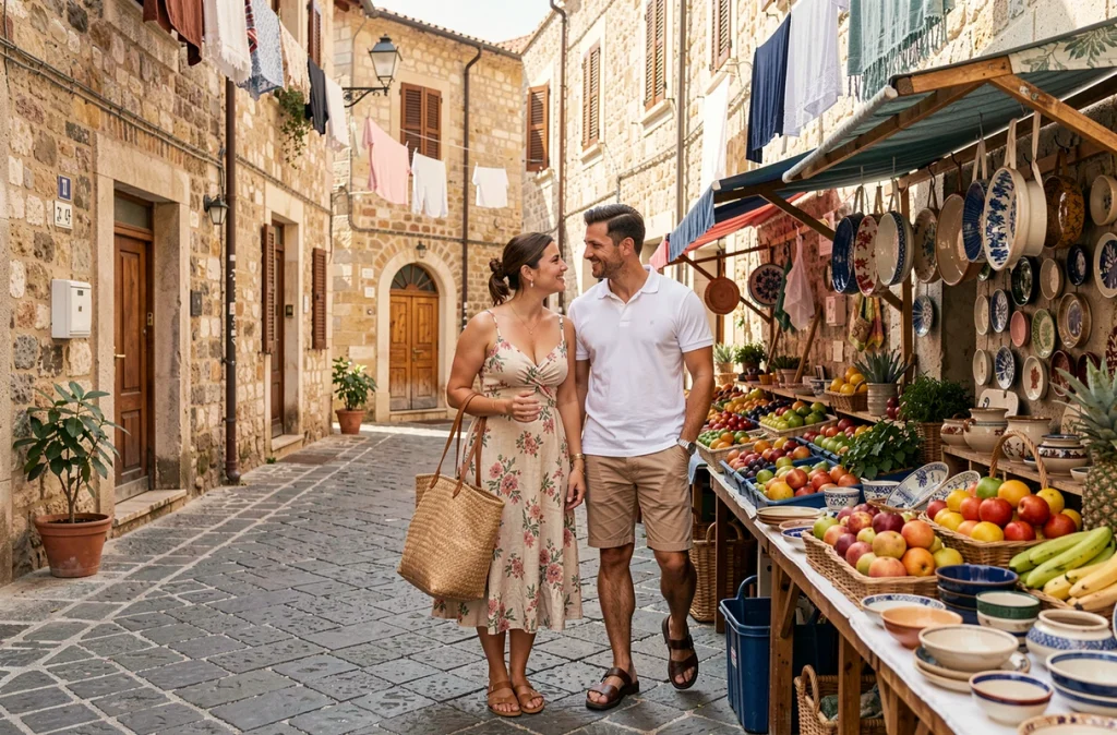 Couple de jeunes mariés explorant un marché local dans un port méditerranéen lors d'une escale de croisière pour leur lune de miel
