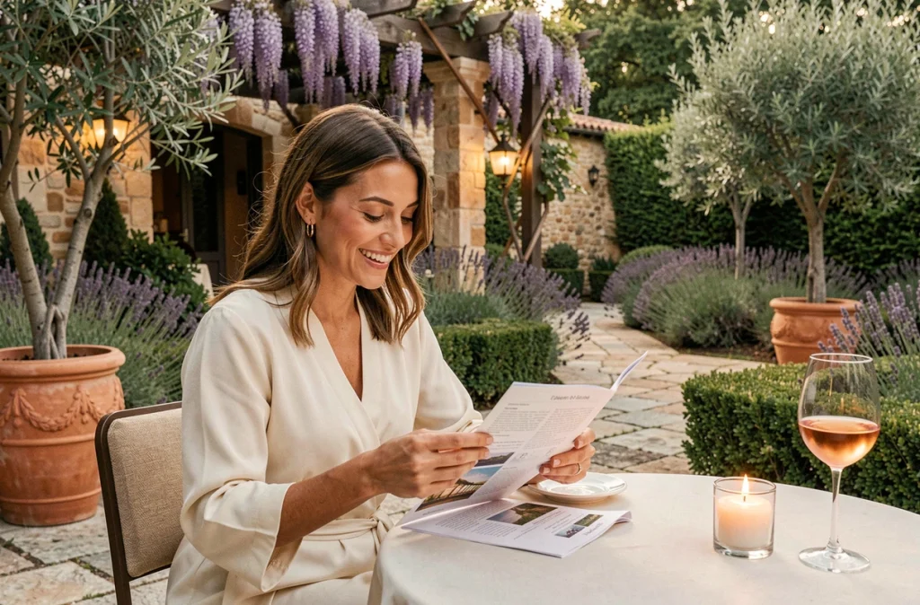 Femme consultant une brochure d'hôtel romantique dans un jardin de style provençal