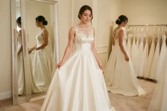 Femme essayant une robe de mariée en soie ivoire dans une boutique élégante, hésitant entre plusieurs styles devant un miroir