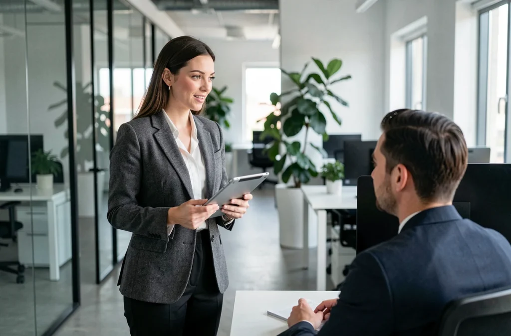Une femme moderne et confiante échangeant avec un collègue masculin dans un bureau contemporain ouvert