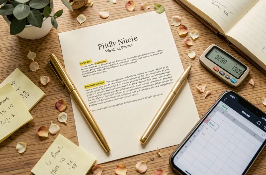 Flat lay de documents de tarification wedding planner avec contrat forfait fixe et calcul de pourcentage sur bureau en bois