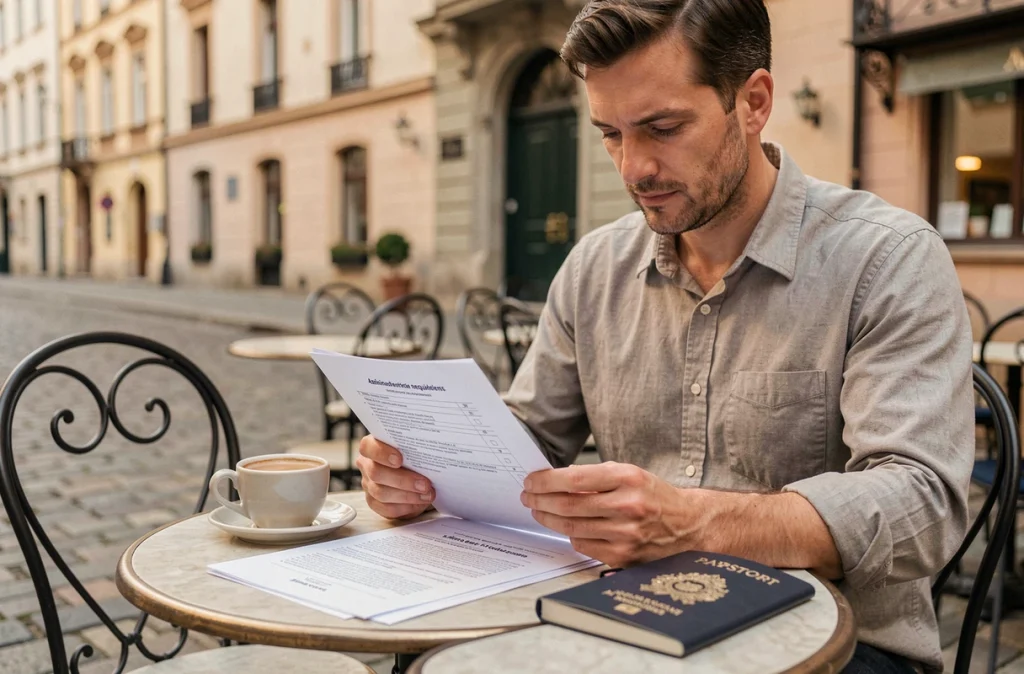 Homme révisant les formalités administratives requises pour se marier à l'étranger dans un café européen