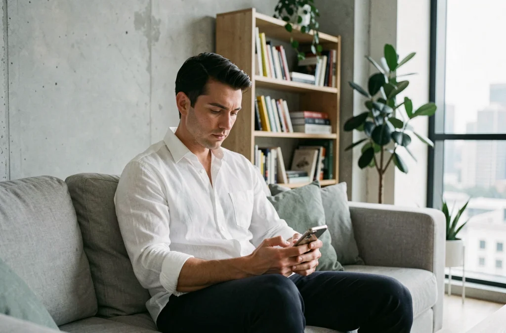 Homme seul dans un appartement moderne consultant son téléphone, évoquant la vie sentimentale et les relations contemporaines