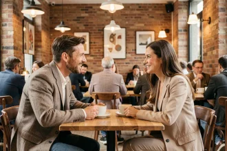 Un homme et une femme trentenaires discutant avec complicité autour d'un café dans un bistrot urbain chaleureux