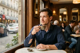 Homme seul pensif assis dans un café parisien, symbolisant la réflexion sur la vie amoureuse et le célibat