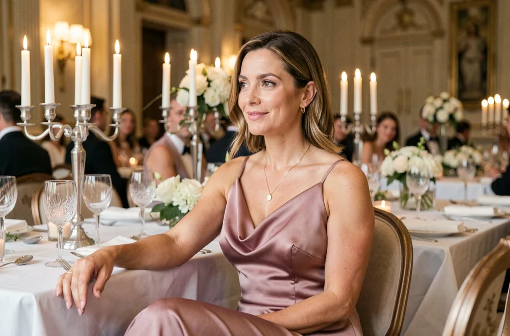Femme en robe satin rose poudré assise à une table de réception de mariage, tenue de soirée invitée chic et élégante
