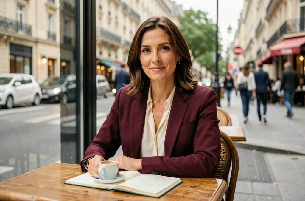 Portrait de journaliste femme en blazer bordeaux dans un café parisien avec carnet de notes