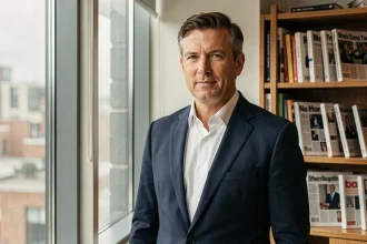 Portrait éditorial d'un journaliste homme en costume marine dans une salle de rédaction moderne